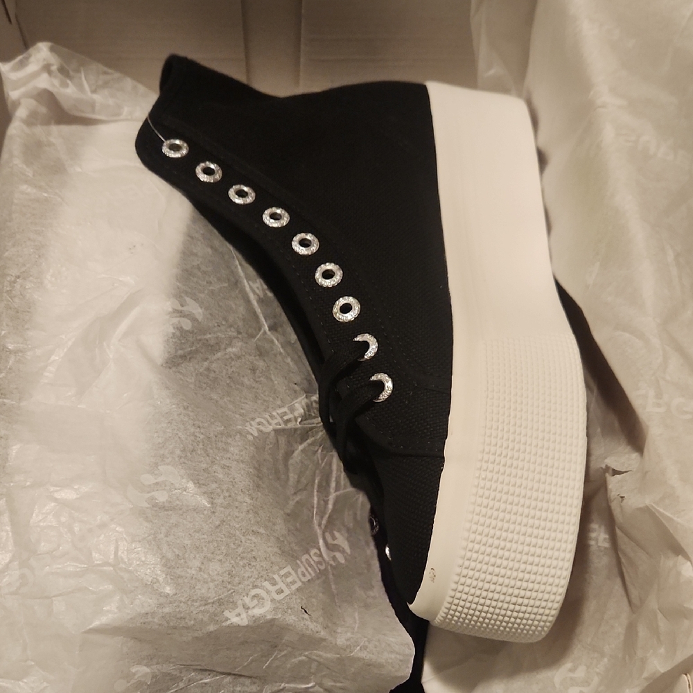 Superga Black High-Top Platform Sneaker with White Sole